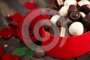 Chocolates in heart shaped box and red roses background- Mother